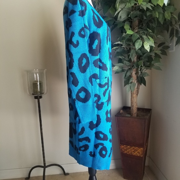 New! Blue Leopard Print Long Cardigan Sweater - Picture 7 of 7